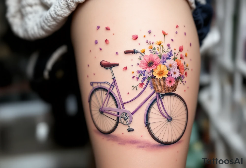 A bike with a basket full of wildflowers, colored in soft purples, pinks, and yellows, with petals floating into the air for a whimsical, carefree feel. tattoo idea