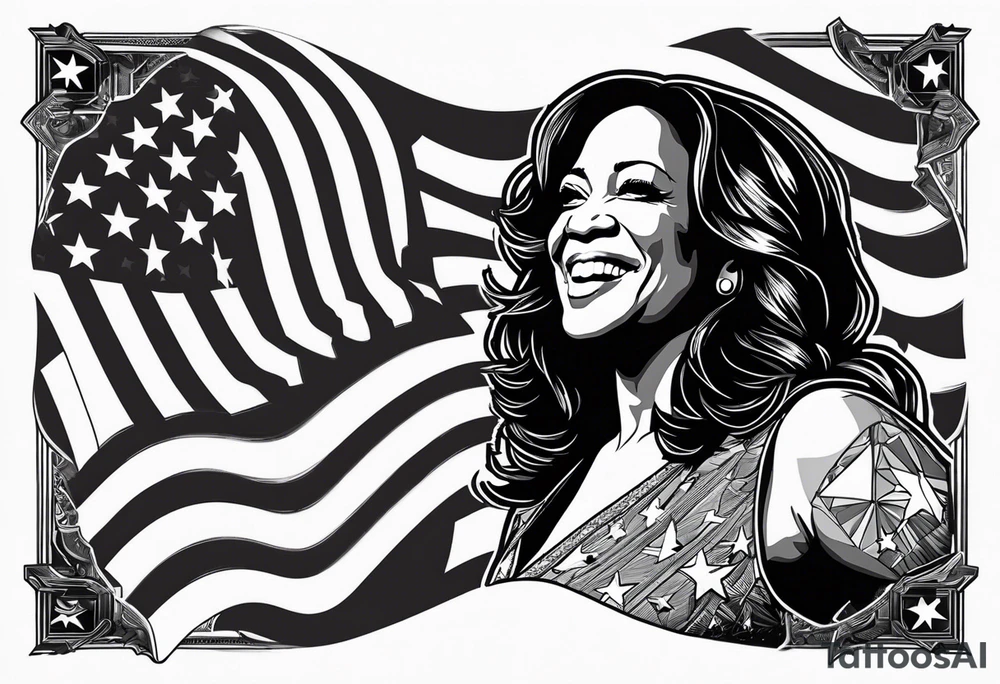 Kamala Harris as a talking jackass, United States flag, circular motif tattoo idea