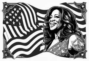 Kamala Harris as a talking jackass, United States flag, circular motif tattoo idea