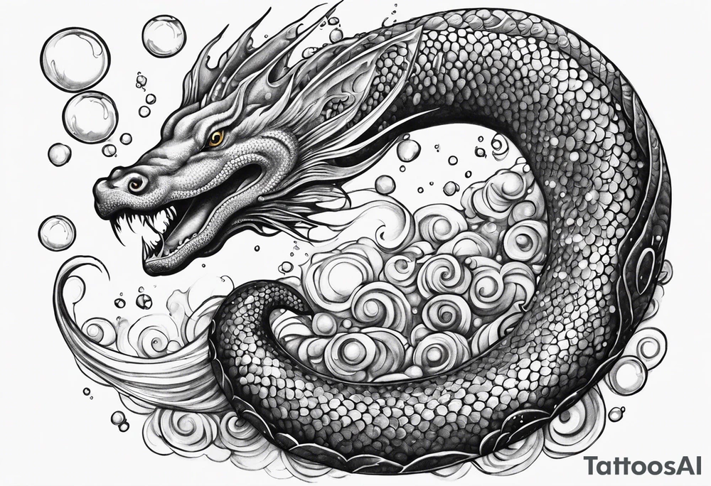 sea serpent underwater with fish and bubbles tattoo idea