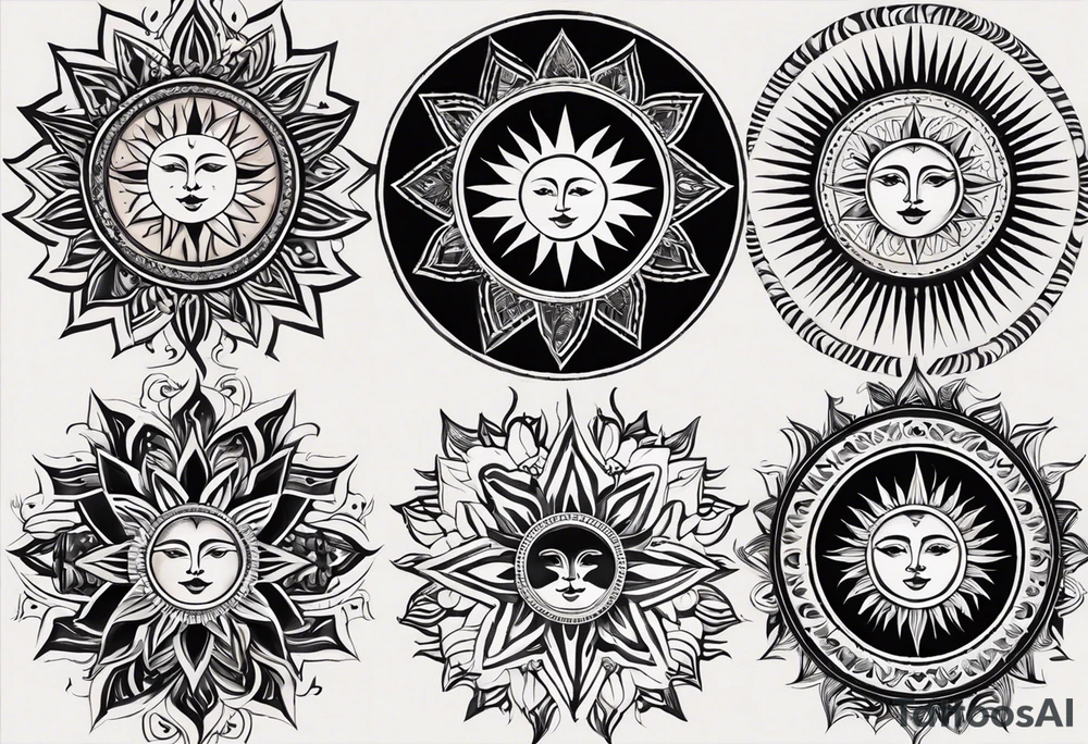 A symmetrical tattoo designed for the knee, featuring a sun with an eccentric, expressive face at the center. The sun’s rays extend sharply in a pointed, flame-like pattern, resembling heat waves, reaching downward toward the shin and upward above the knee. The design should have a dynamic and bold composition, with flowing yet angular lines that emphasize movement and symmetry. tattoo idea