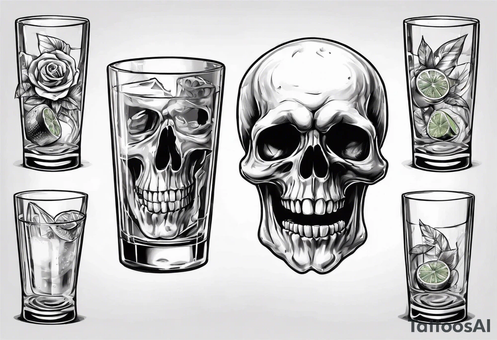 A smiling looking to the left scull inside the glass with alcohol and piece of lime tattoo idea