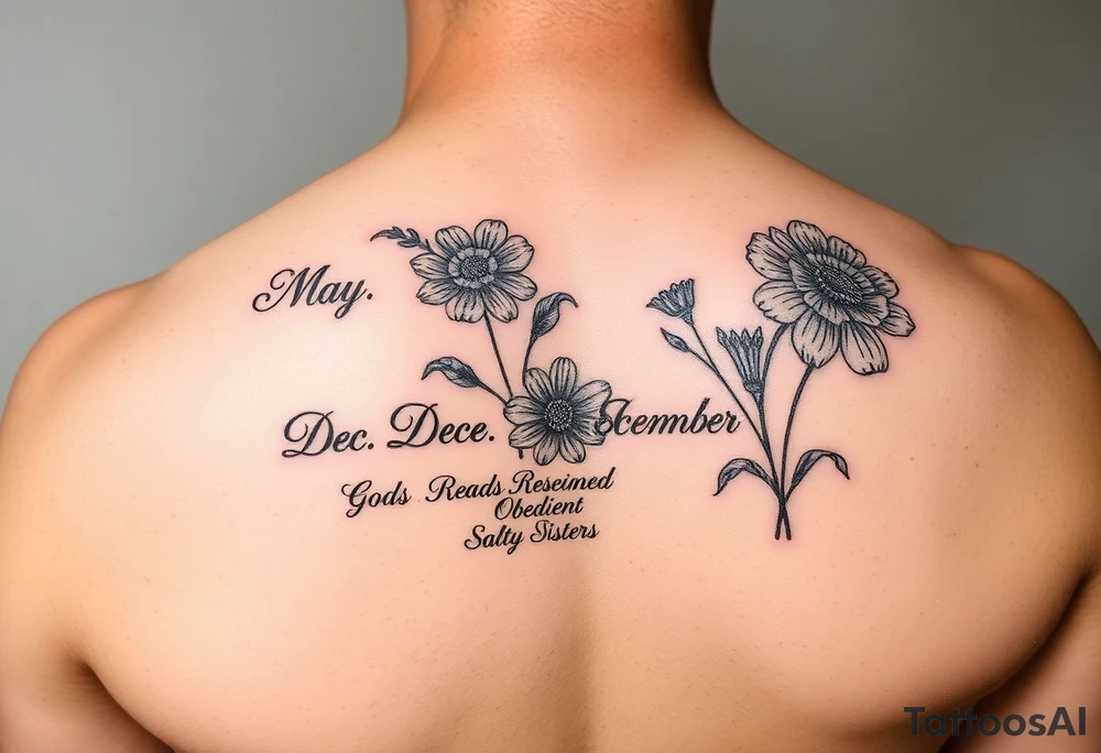 Smaller tattoo with May and December birth month flowers and the saying Gods Redeemed Obedient Salty Sisters aligned to the left tattoo idea
