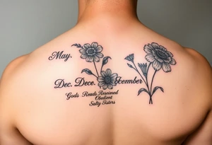 Smaller tattoo with May and December birth month flowers and the saying Gods Redeemed Obedient Salty Sisters aligned to the left tattoo idea