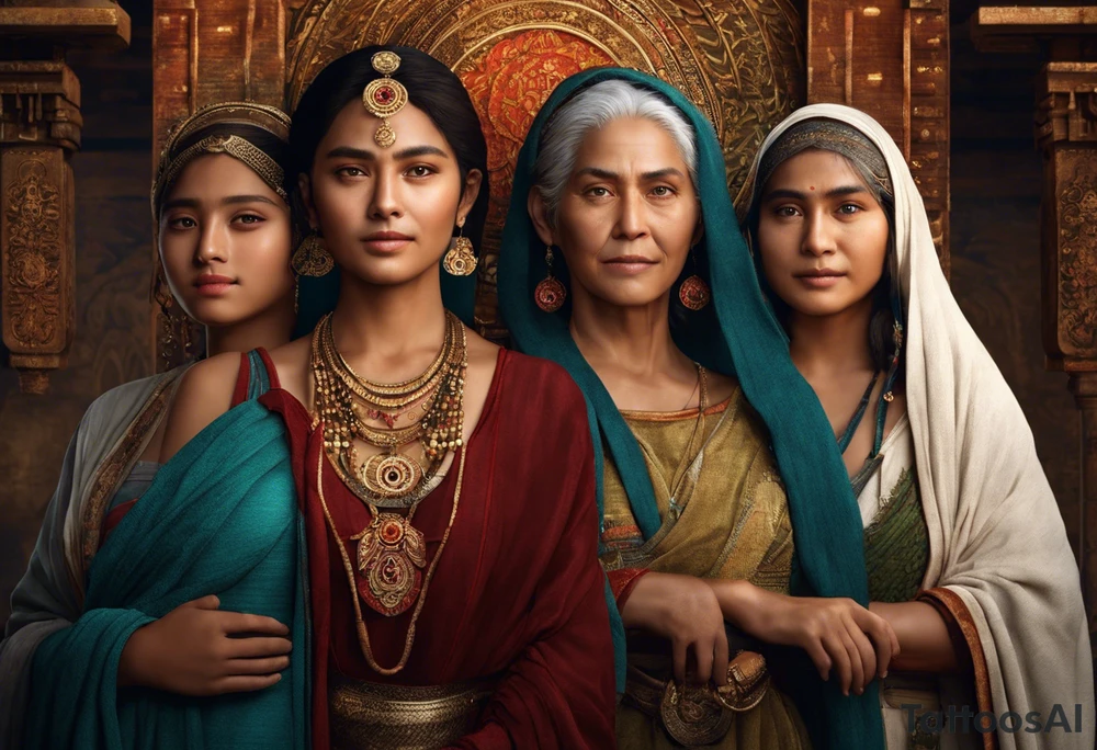 3 female people standing next to each other. The one on the left is a young girl, the one in the middle is a mature woman, the one on the right is a very old woman. They are looking forward.
There are 3 weavers. They symbolize the moirs, old goddesses of destiny. tattoo idea