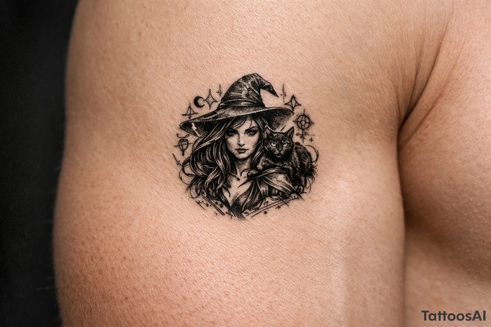 Young witch with flowing hair, a black cat perched on her shoulder, surrounded by glowing magical runes. tattoo idea