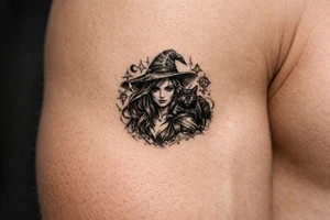 Young witch with flowing hair, a black cat perched on her shoulder, surrounded by glowing magical runes. tattoo idea