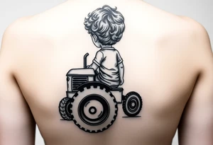 minimalist back view of curly headed toddler son riding a toy tractor with a geometric frame tattoo idea