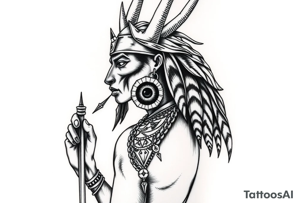 "Anubis as a 1990s L.A. gangster: gold chains, Crip bandana. His staff is a satellite antenna. Floating Eye of Horus is a blockchain audit log.  

Style: Hyper-detailed blackwork. Thigh/calf placement." tattoo idea