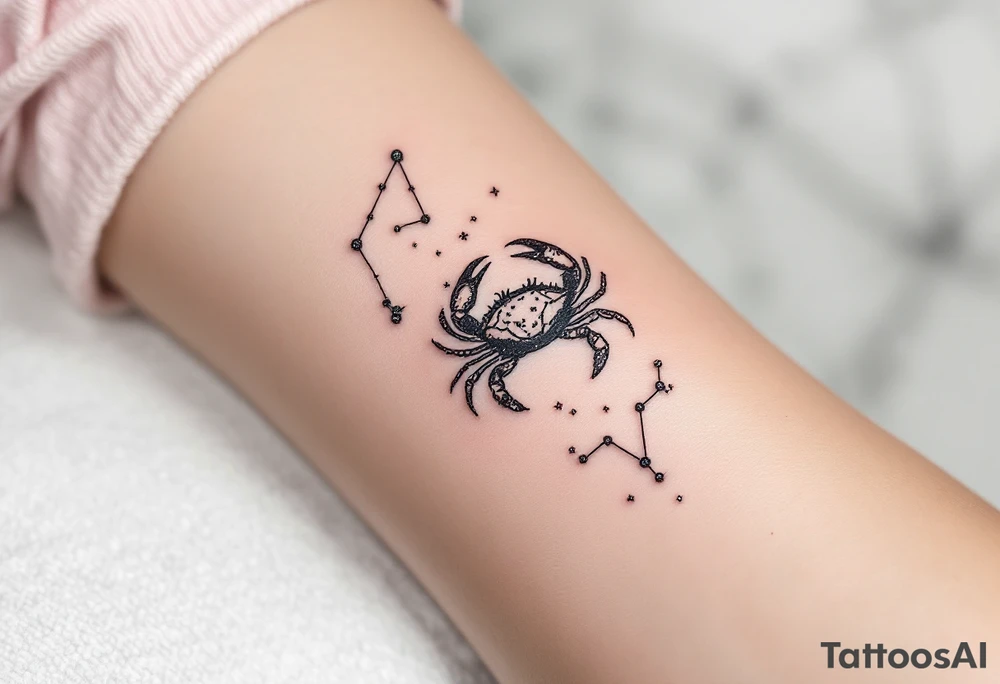 A black crab climbs along the Cancer constellation, outlined in tiny silver dots. tattoo idea