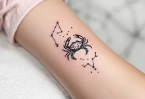 A black crab climbs along the Cancer constellation, outlined in tiny silver dots. tattoo idea
