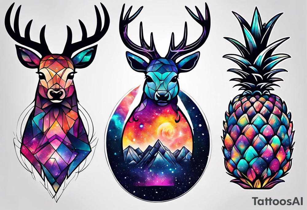 stag featuring colours of the universe and galaxies in amsterdam in the shape of a pineapple tattoo idea
