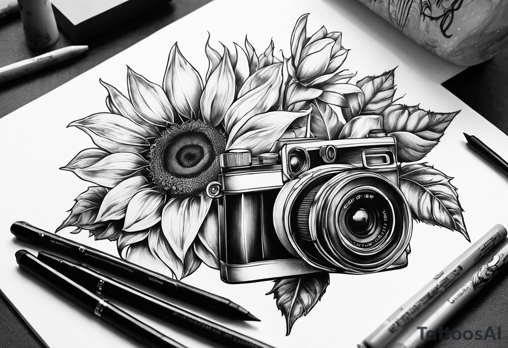 sunflower, camera, flower rose , book tattoo idea