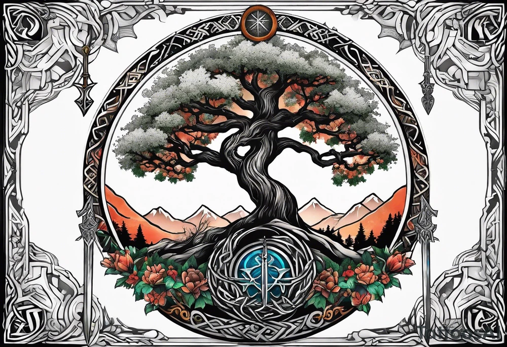 Yggdrasil and a long sword underneath surrounded by Nordic runes tattoo idea