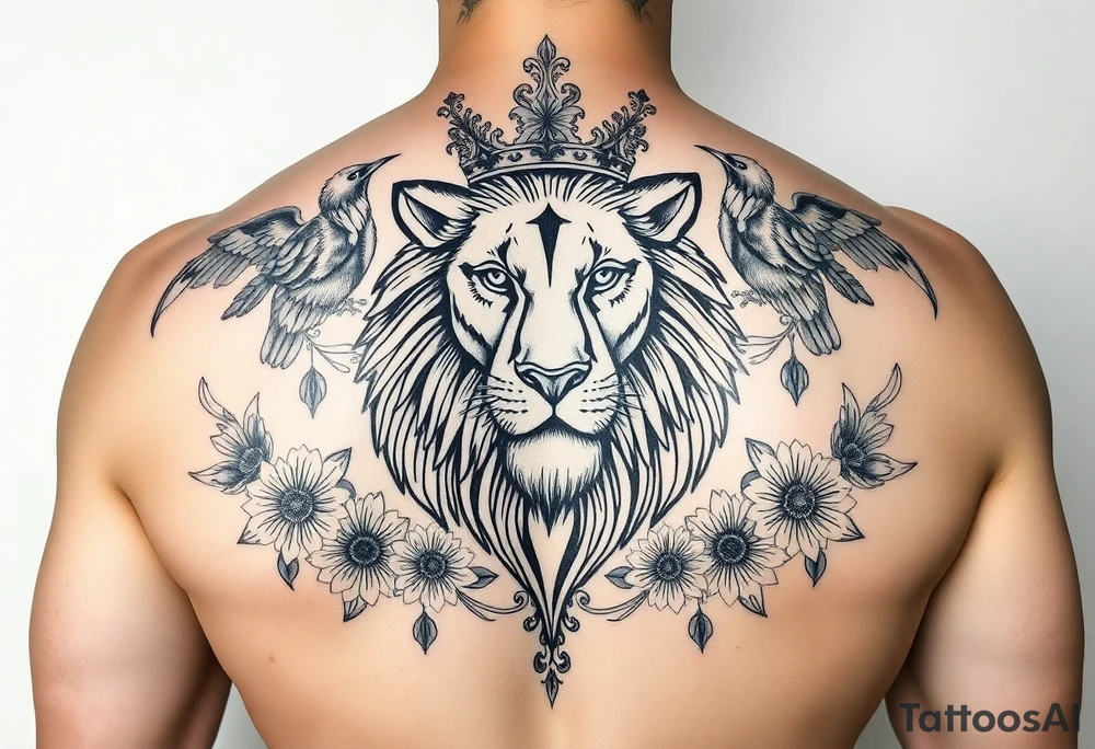 powerful majestic lion with a crown, surrounded by floral ornaments and birds tattoo idea