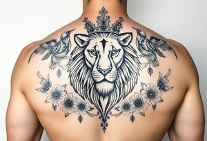 powerful majestic lion with a crown, surrounded by floral ornaments and birds tattoo idea