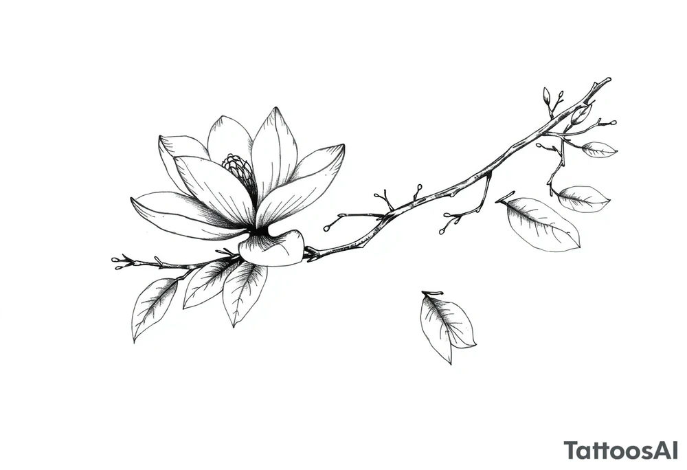 Long magnolia branch with botanical details tattoo idea