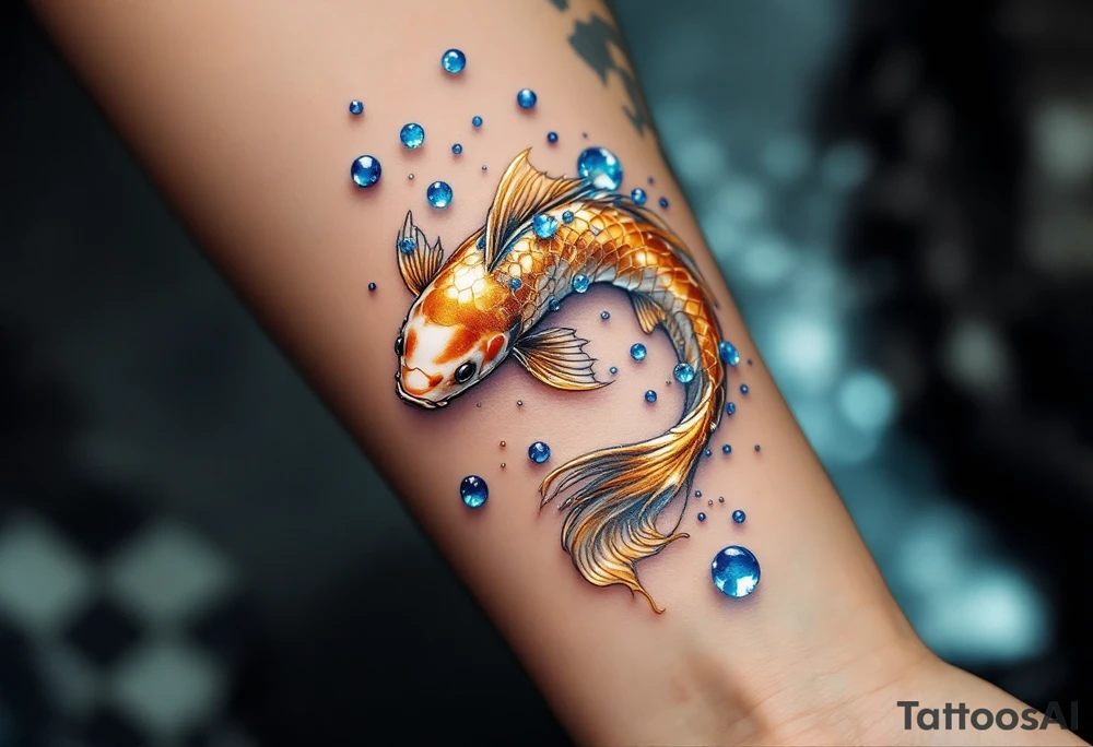 Metallic Gold Koi with Waterfall – A glowing gold koi jumping through cascading silver-blue water, symbolizing ambition and achieving higher goals. tattoo idea
