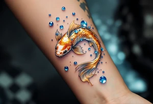 Metallic Gold Koi with Waterfall – A glowing gold koi jumping through cascading silver-blue water, symbolizing ambition and achieving higher goals. tattoo idea
