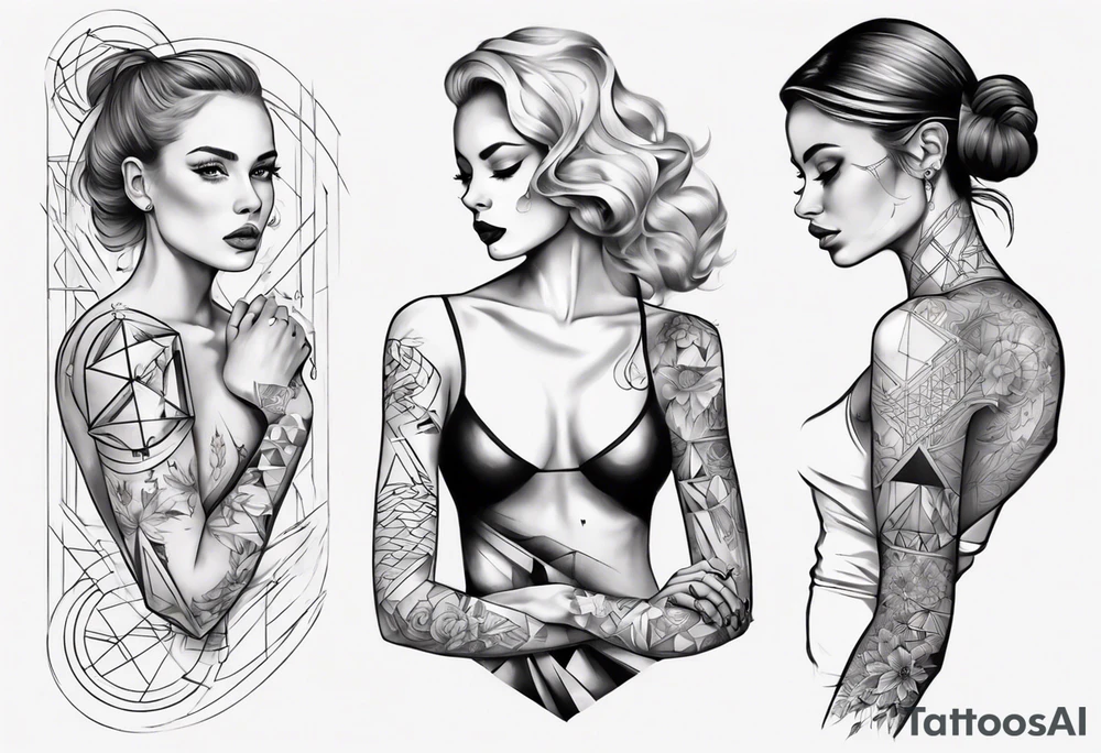 shoulder to elbow tattoo, with beautiful women on each arm using geometric objects tattoo idea