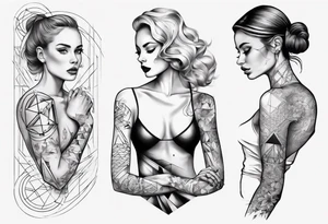 shoulder to elbow tattoo, with beautiful women on each arm using geometric objects tattoo idea