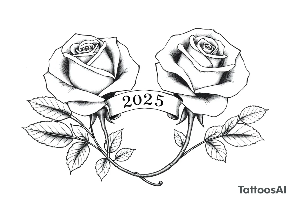 two beautiful rose buds, side by side, with many leaves and their stems intertwined, representing two people in love. Include a banner connecting the two roses with "2025" on it.  The word "Rose" written in Kanji above the drawing.  Use dark outlines with little shading. The end of the rose stem should be curved or twisted - not straight down. tattoo idea