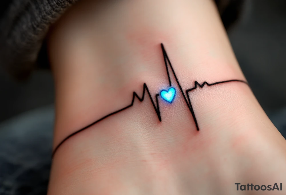 A subtle black EKG line wrapping around the ankle, punctuated by a small, glowing blue heart. tattoo idea