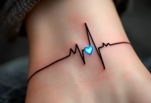 A subtle black EKG line wrapping around the ankle, punctuated by a small, glowing blue heart. tattoo idea