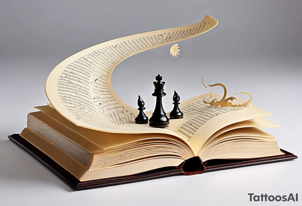 a whimsical open book with pages that appear to flutter, as if caught in a gentle breeze. Above the book, a delicate small dragon silhouette, playfully spirals in the air. To the right, a pawn chess piece stands proudly. Just above, a singular, swirling music note dances, emanating a sense of melody and rhythm. On the left corner of the book, a majestic raven, cloaked in midnight hues, gazes contemplatively, feathers ruffled by an unseen wind. Below, a vibrant cluster of lavender flowers blooms, with a charming bumblebee hovering nearby tattoo idea
