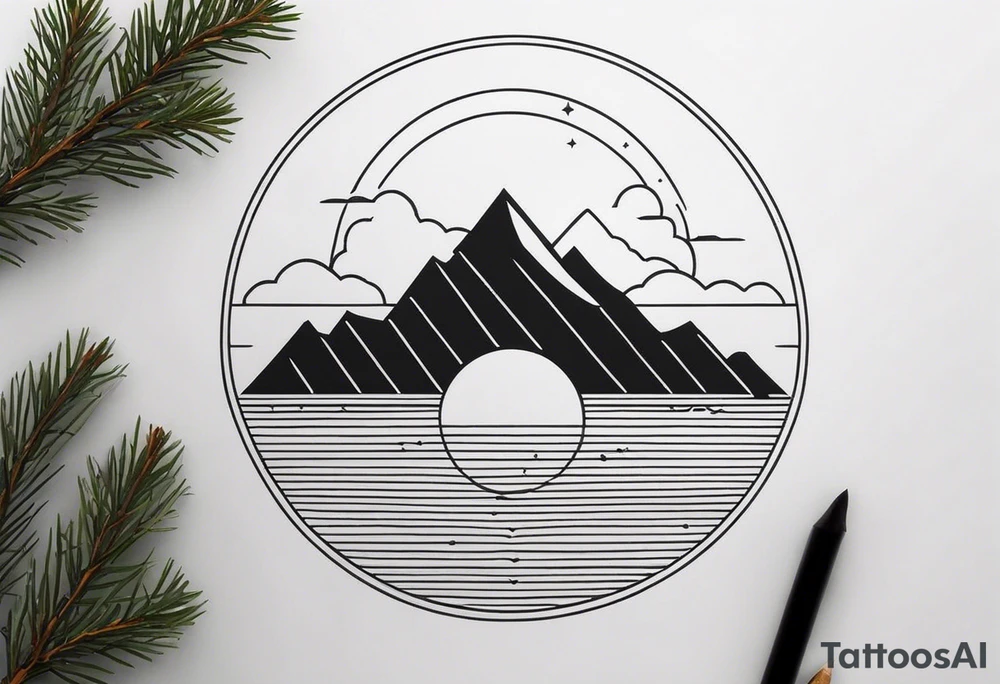Create a tattoo in a minimalistic style, including a vertical line symbolizing a path or journey. The design should include the following elements: the image of a fir tree at the top, the outline of a mountain in the center, and the sun with rays at the bottom. All elements should be done in black outlines without filling, creating a clean and elegant image. tattoo idea