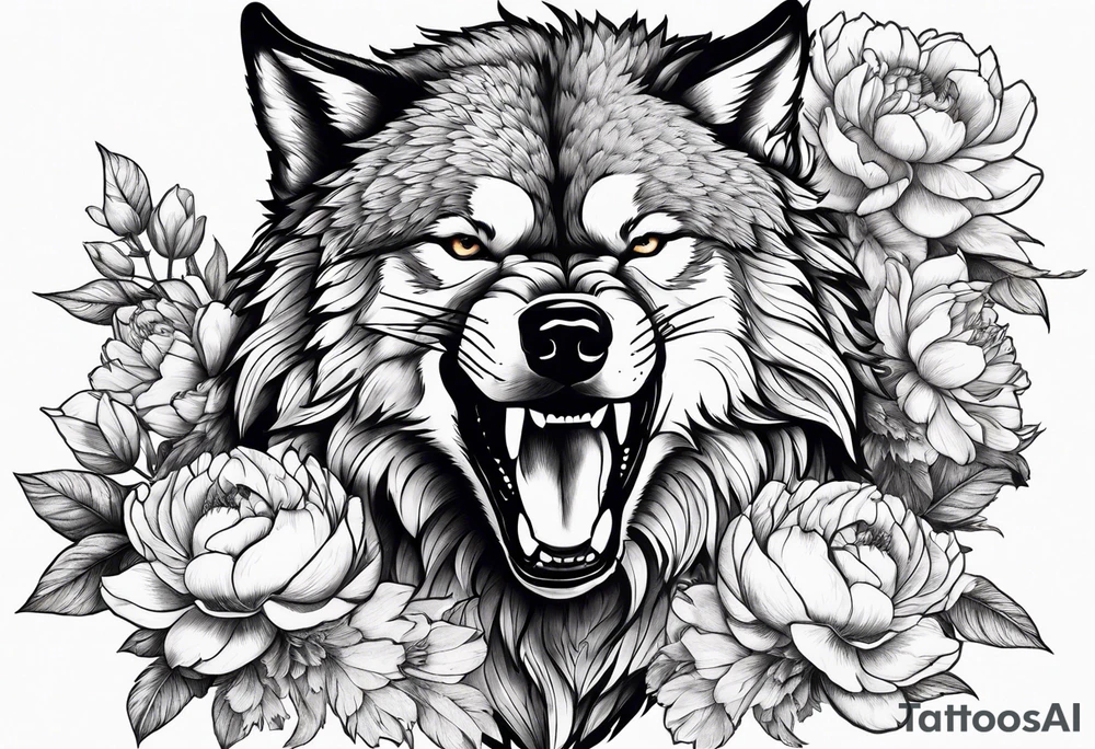 Fighting wolf with whole body of wolf with peonies tattoo idea
