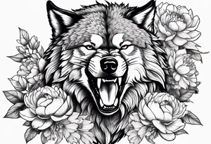 Fighting wolf with whole body of wolf with peonies tattoo idea