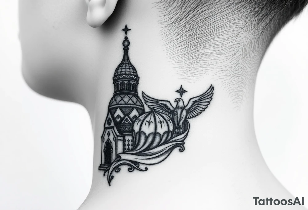 Flowing Scene

A single onion dome rising up toward the ear
Virgin Mary in prayer pose wrapping around the lower neck curve
A small eagle or just the star tucked above the dome near the hairline tattoo idea