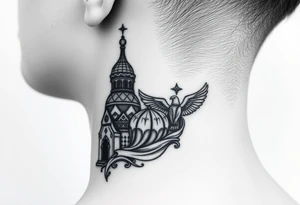 Flowing Scene

A single onion dome rising up toward the ear
Virgin Mary in prayer pose wrapping around the lower neck curve
A small eagle or just the star tucked above the dome near the hairline tattoo idea