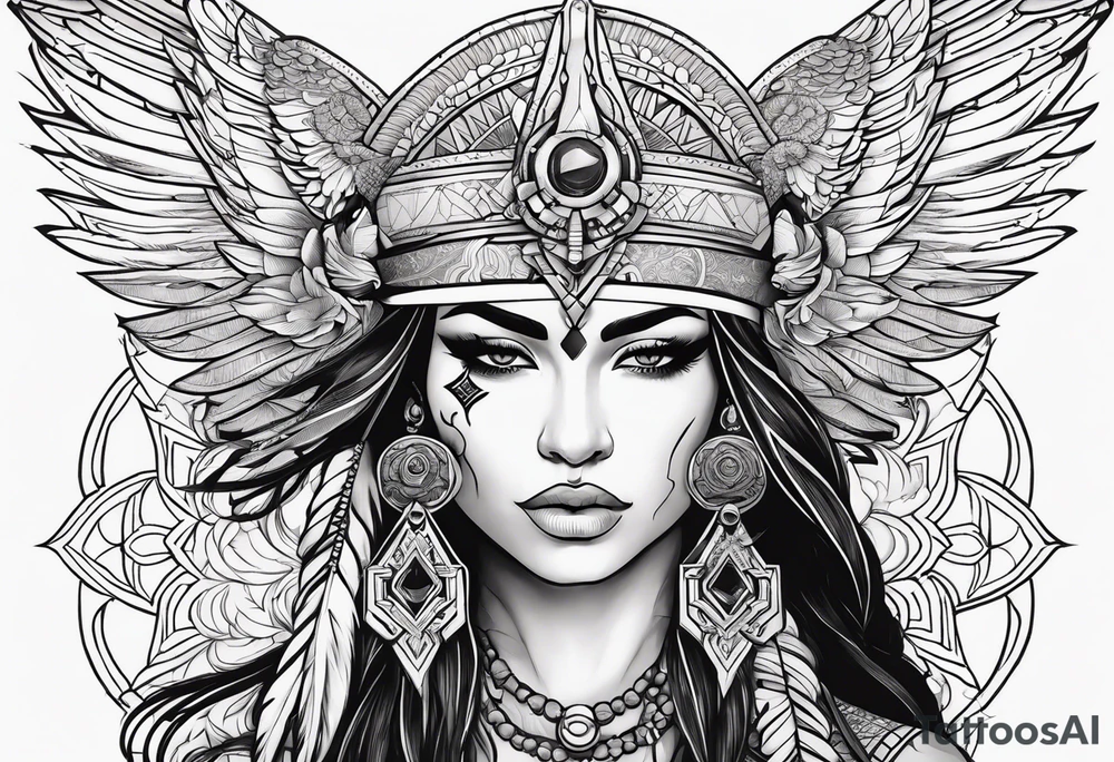 valkrye, kali, pirate, goddess, native american, lotus, zen, left side face, chest, wing tattoo idea