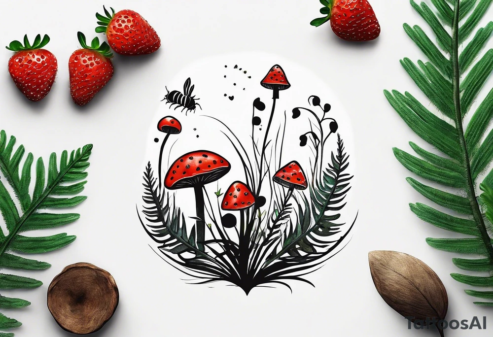 forest floor inspired minimalist tattoo, which includes grass, curly ferns and dead leaves as the bulk of the tattoo. details to include: three very tiny strawberries, a tiny bumblebee flying nearby, three small brown mushrooms tattoo idea