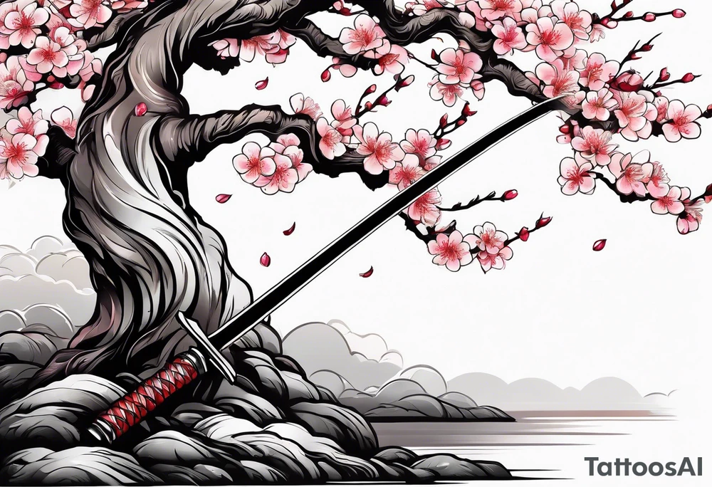 Japanese cherry tree with a katana laying against it tattoo idea