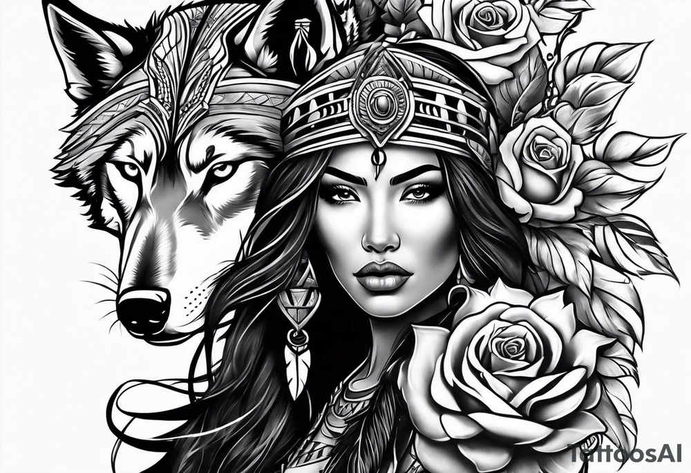 Armored native American woman with a wolf and a cored rose tattoo idea