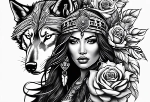 Armored native American woman with a wolf and a cored rose tattoo idea