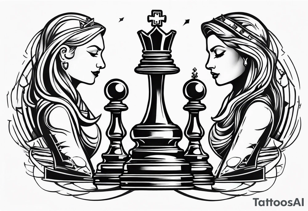 chess queen piece contour with two pawns on her side inside a quantum field tattoo idea