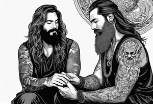 mindful father with long hair and a beard performing transition ritual with young boy tattoo idea