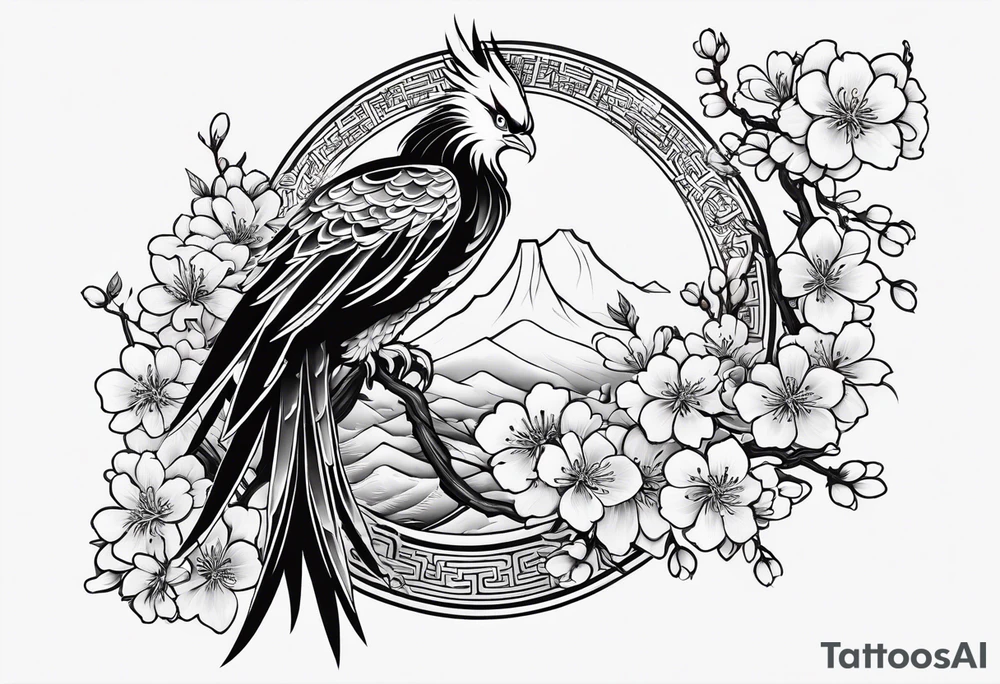 traditional Japanese phoenix and cherry blossoms blank background tattoo idea