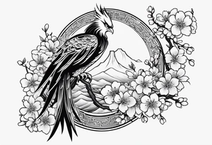 traditional Japanese phoenix and cherry blossoms blank background tattoo idea