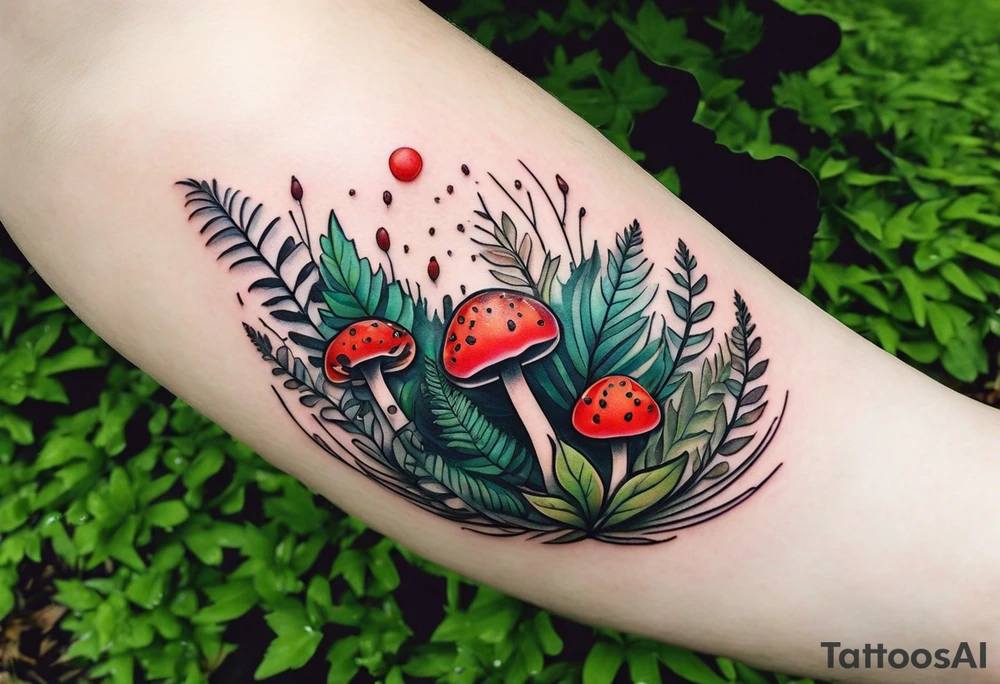 minimalistic forest floor inspired tattoo, which includes grass, curly ferns and dead leaves as the bulk of the tattoo. details to include: three  tiny strawberries, couple of very small mushrooms, a tiny bumblebee flying nearby tattoo idea