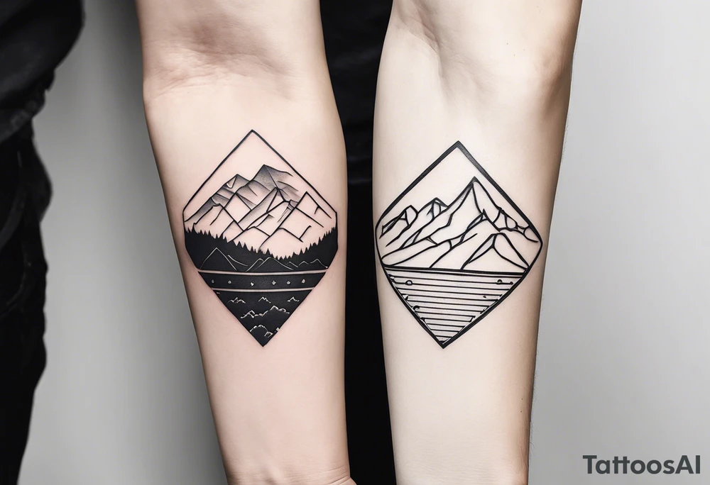 Three Peaks, Three Stars, Swords, and Vines: Create a minimalistic fine line tattoo for a right upper arm half sleeve. Feature three rugged mountain peaks, each topped with a simple star. Emphasize crossed swords, integrating with abstract, feather-like patterns that evoke the Valkyrie spirit. Keep the design in clean, simple lines, emphasizing the serene and mystical qualities without text. tattoo idea