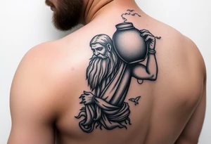 A large humanized god carrying a jar on his shoulder, the jar flows from water to create a marine environment tattoo idea
