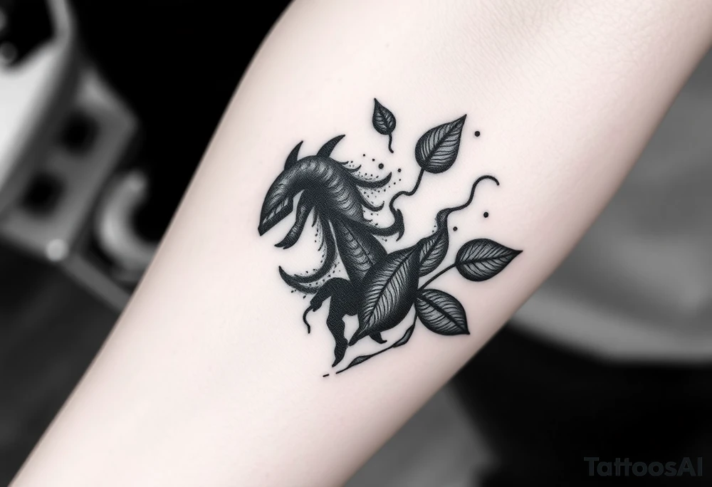 An animated character with smoke passing through and leaves in a negative effect around it. In black and white, dot shading with soft shading. tattoo idea