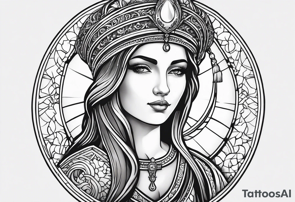 woman saint holding chalice surrounded by golden halo portrait tattoo idea