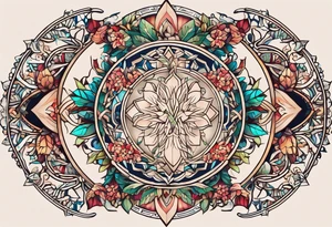 Tattoo dans le dos, yggdrasil et quelques éléments en plus, 5 ou 6 feuilles de cerisier en couleur, le logo de tommorowland vers les racines, une forme géométrique à l'arrière plan du tatouage tattoo idea