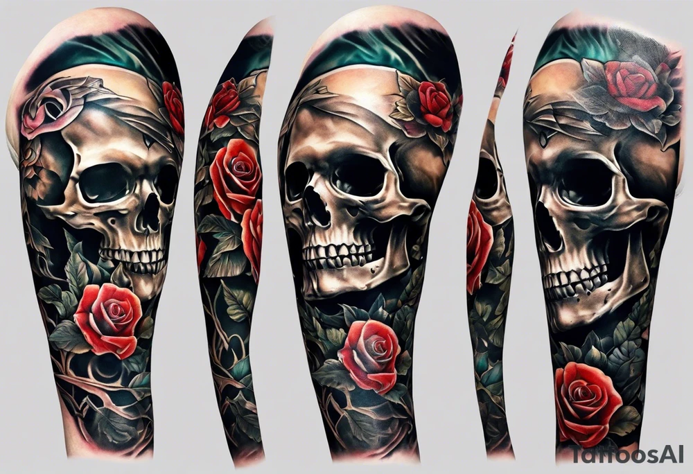 arm sleeve tattoo of the bone inside the arm that fills entire arm from shoulder to fingers symbolizing pain with skulls and dead flowers and more tattoo idea